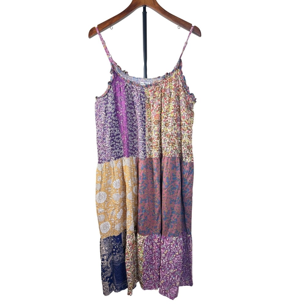 Natural Life Women Patchwork Florean Midi Dress Boho Tiered Flowy Multi L/XL Vtg - Picture 4 of 13